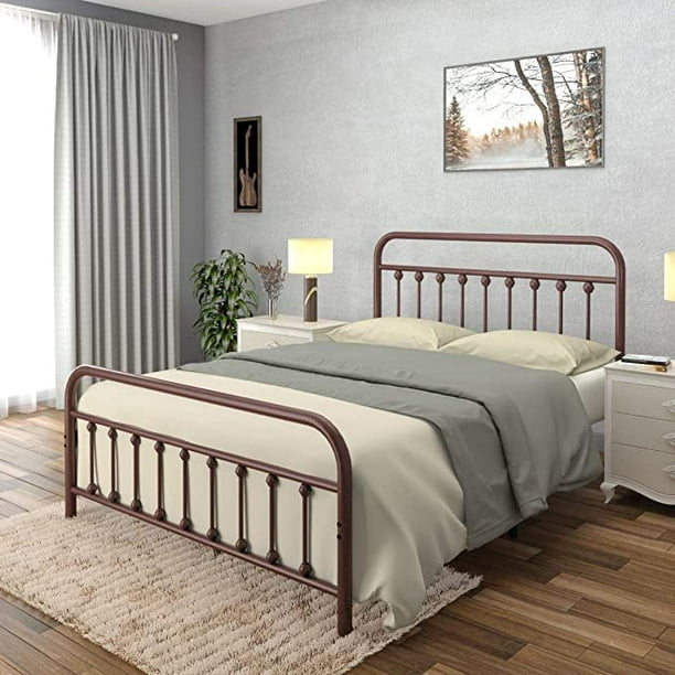 Ambee21 Vintage Queen Metal Bed Frame With Headboard And Footboard Platform Wrought Iron Heavy Duty Solid Sy Slat Rustic Brown No Box Spring Needed Mattress Foundation Com Ambee21 Vintage Queen Metal Bed Frame, Rod Iron King Bed Frame