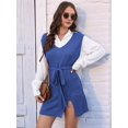 thumbnail image 5 of Womens Sweater Vest Dress Pattern Knitted Pullovers Sweaters V Neck Tie Waist Tank Sweater Dress Blue M, 5 of 8