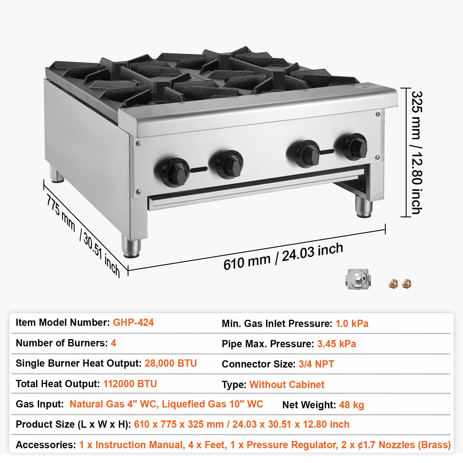 SKYSHALO Gas Cooktop for Commercial Use, 4-Burner Range, Dual Fuel with Propane & Natural Gas, Stainless Steel Construction, Ideal for Restaurants, 112,000 BTU