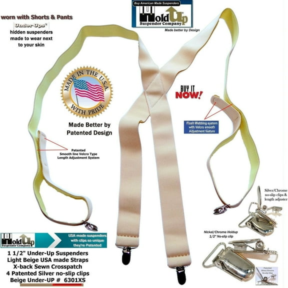 Holdup Suspender Company Inc Hold-Ups 1 1/2" Wide Hidden Undergarment Suspenders in X-back style with patented silver no-slip clips