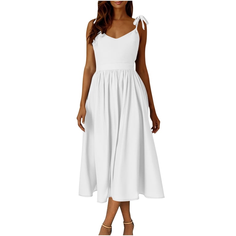 Efsteb Women's Summer Sleeveless Midi Dress Solid Color Spaghetti Strap Tank Dress Cute Casual Dresses (White,XL)