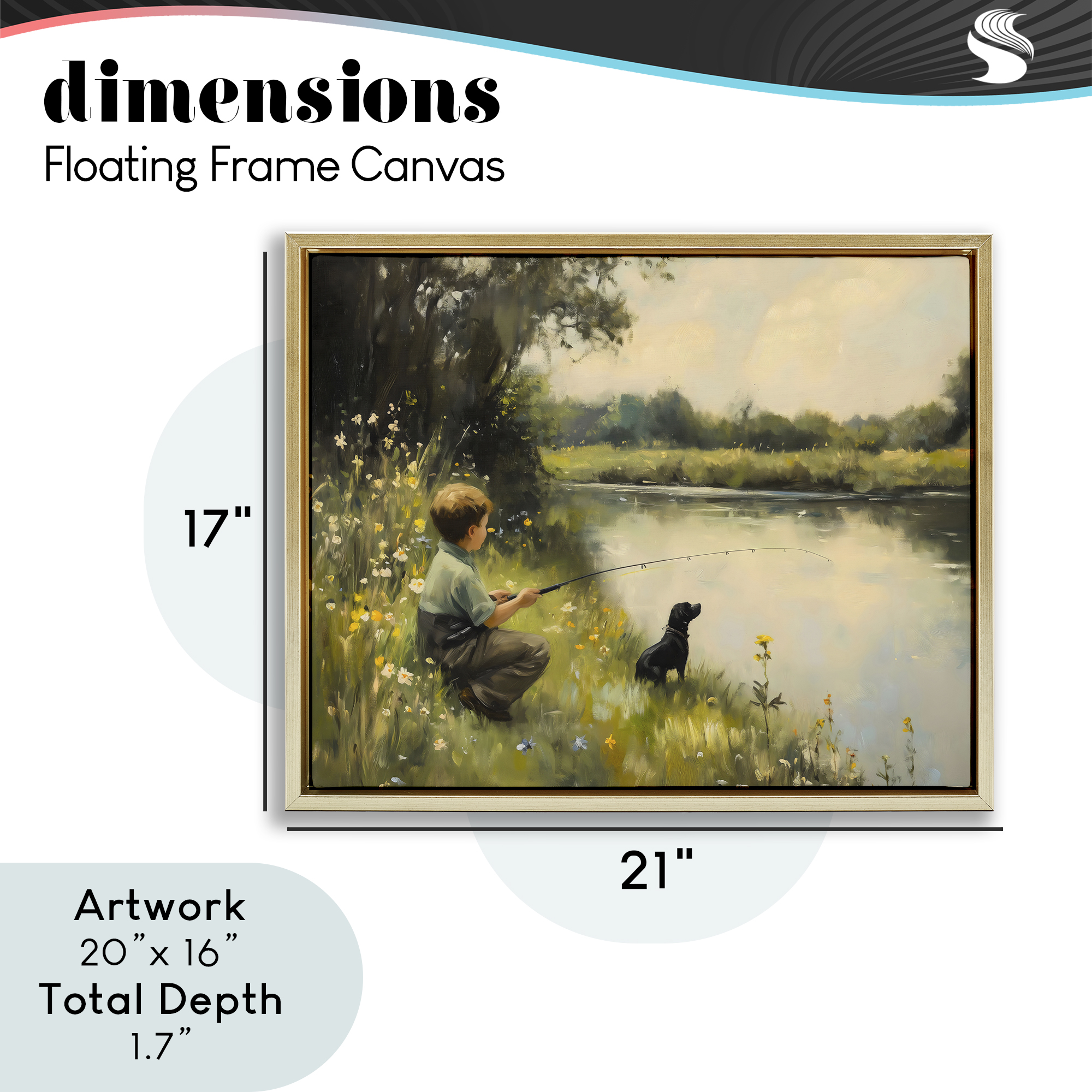 Boy & Puppy Fishing Gold Framed Floater Canvas Wall Art, design by Arlington Prints