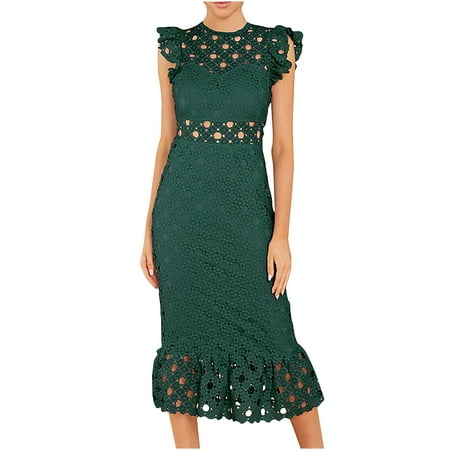 Olyvenn Women s Summer Maxi Boho A-line Dresses Extra Long Sleeveless Cocktail Dress Lace Hollow Solid Sundress Crew Neck Babydoll Lace Splice Ruffled Flounce Hip Wrap Smocked Party Green 10