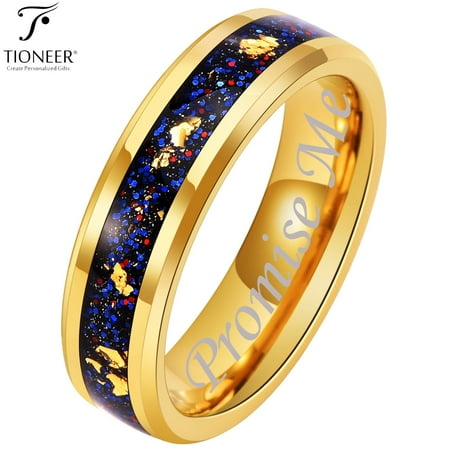 Tioneer Galaxy Style Tungsten Carbide Ring w Opal & Gold Leaf Inlay in 8mm or 6mm Wedding Band for Men Women
