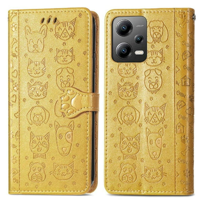 Funda Cartera FOXDOCK para XIAOMI POCO X5 , Flip PU con Relieve de Gatos y Perros, Tarjetero y Soporte