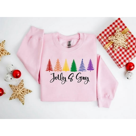 Jolly and Gay Sweatshirt, Rainbow Trees Sweater, LGBT Christmas Shirt, Pride Christmas Hoodie, Merry and Gay Tee