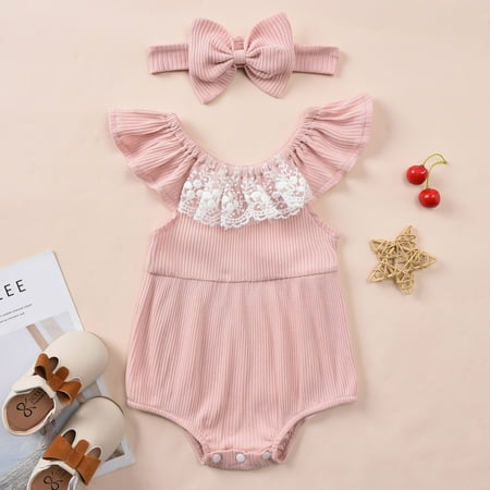 

CHGBMOK Clearance Infant Baby Girls Lace Fly Sleeve Ribbed Solid Clothes Romper Hairband Outfits