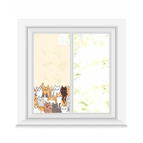 Window Privacy Film Cartoon Cat Stained Glass Window Film Decorative Sun Block Window Cover Modern Simple Funny Cute Animals Art Window Clings Static Adhesive Sticker for Bathroom 17.7"x39.3"