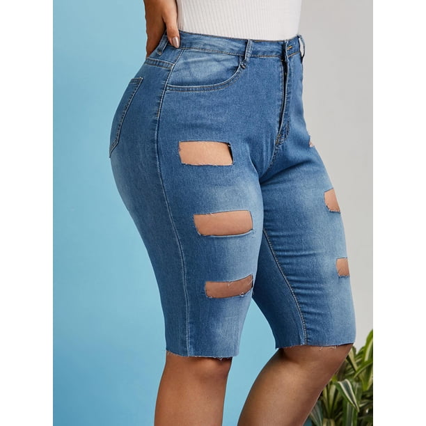 Corte de escalera deshilachada Pantalones cortos de longitud de la rodilla Rosegal Pantalones cortos de talla grande