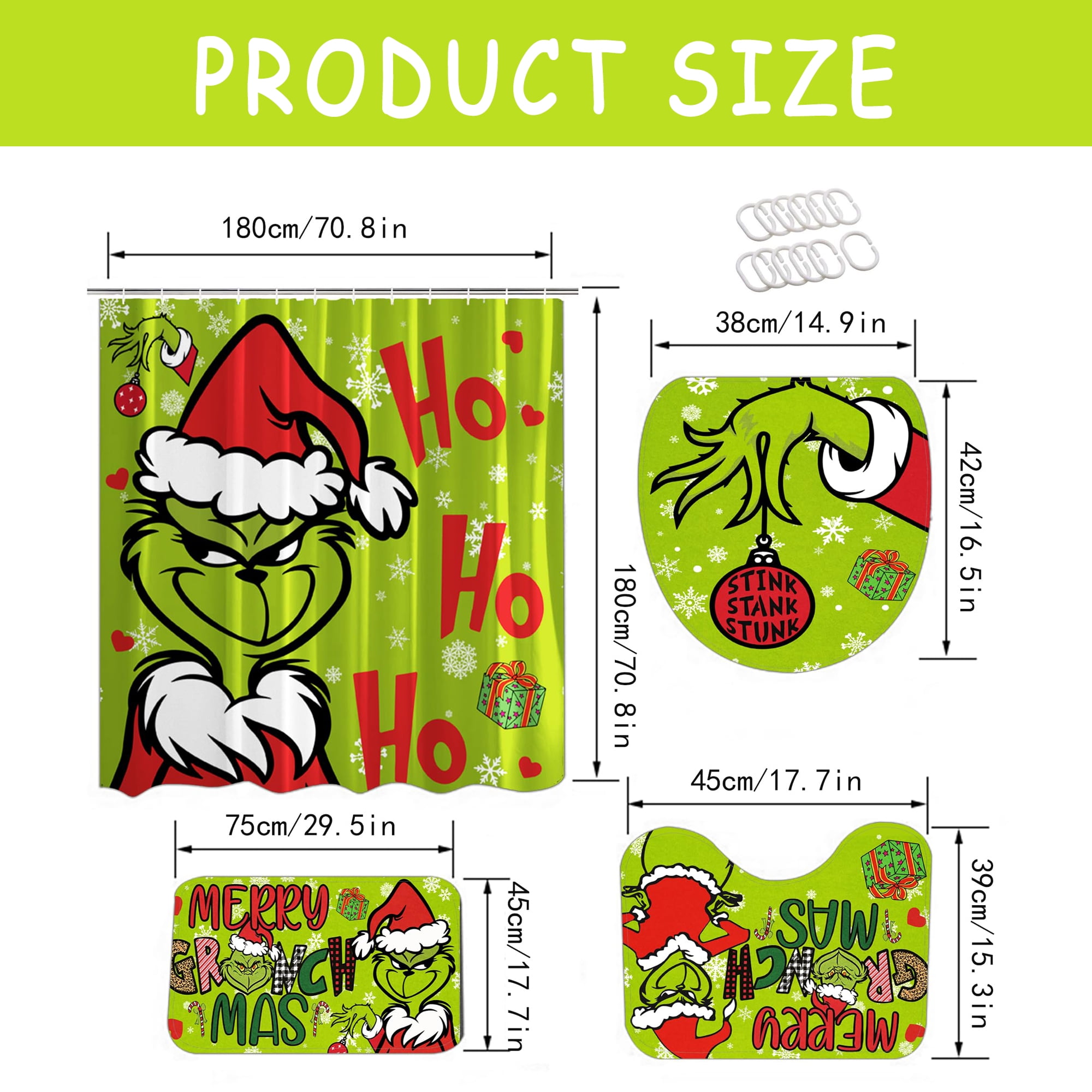 4 Pcs Christmas Bathroom Set with Shower Curtain with Non-Slip Rugs, Toilet Lid Cover and Non-Slip U Shape Bath Mat, Xmas Holiday Bathroom Decoration with 12 Hooks 71 x 71 Inches