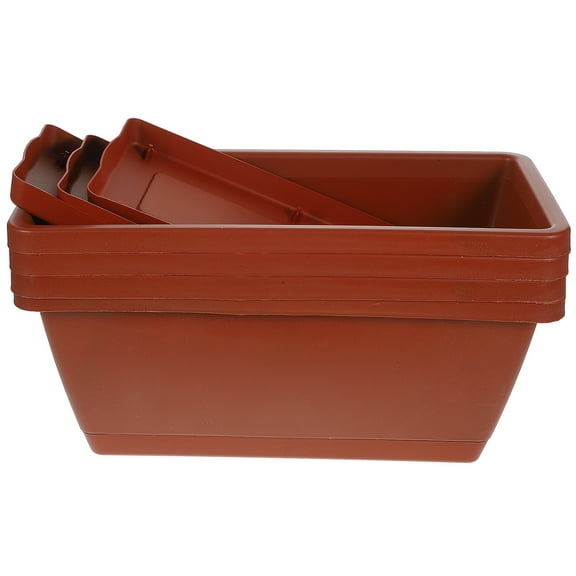 OUNONA Brown Plastic Planters for Window Box with Trays and Drainage Holes Set of 4