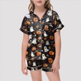 thumbnail image 2 of TOWED22 Girls Halloween Satin Pajamas Set Short Sleeve Sleepwear Button Down Loungewear 2 Piece Pjs Shorts Set for 2-13 Years(Black,2-3 Y), 2 of 4