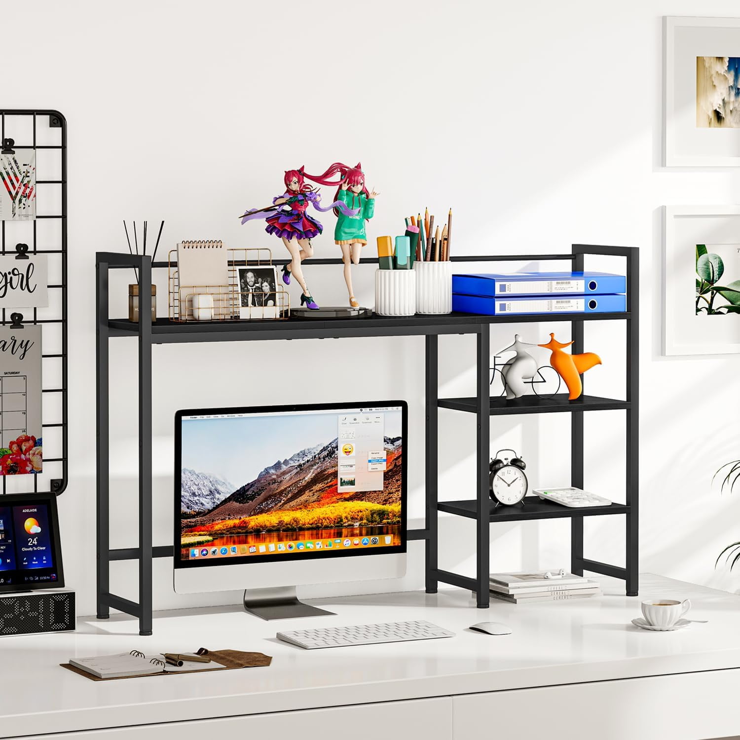 Desk Shelf, 44.9" Large Desktop Organizer Shelf, Desk Hutch for Monitor, 4 Tier Display Rack, Wooden Desktop Bookshelf Storage Rack for Home Office Dorm