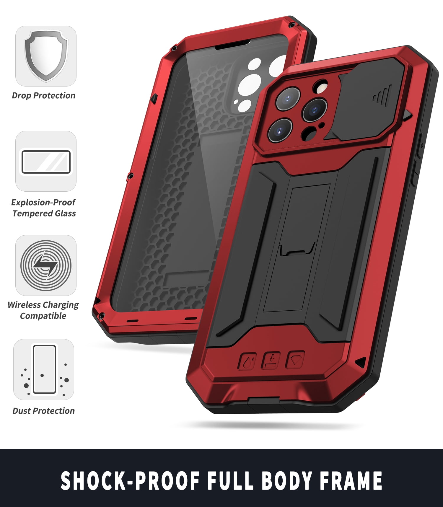 Fit for iPhone 13 Pro Max Case with Built-in Glass Screen Protector, Allytech Full Body Dustproof Life Waterproof Stand Slide Camera Lens Protective Case for iPhone 13 Pro Max 5G 6.7" 2021, Red