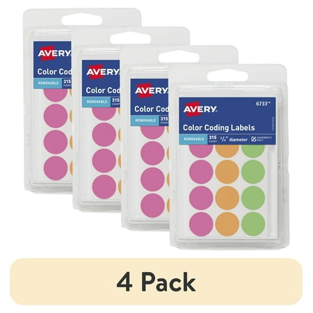 (4 pack) Avery Color Coding Labels, 3/4" Round, Removable Paper, Neon Colors, 315 Labels