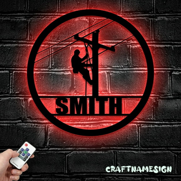 Craftnamesign Custom Lineman Metal Wall Art LED Light, Electrical Worker Sign, Lineman Wall Decor
