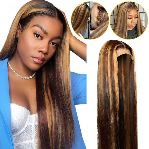 CXK99 on Clearance Long Straight Brown Mixed Blonde Synthetic Wig, Middle Part Highlighted Synthetic Wig for Women, Natural-Looking Brown and Blonde Wig
