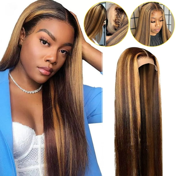 Pelucas con flequillo para mujer, peluca ondulada suelta, larga, recta, marrón, rubia mixta, pelucas sintéticas para mujer, raya en medio que resalta las bandas.