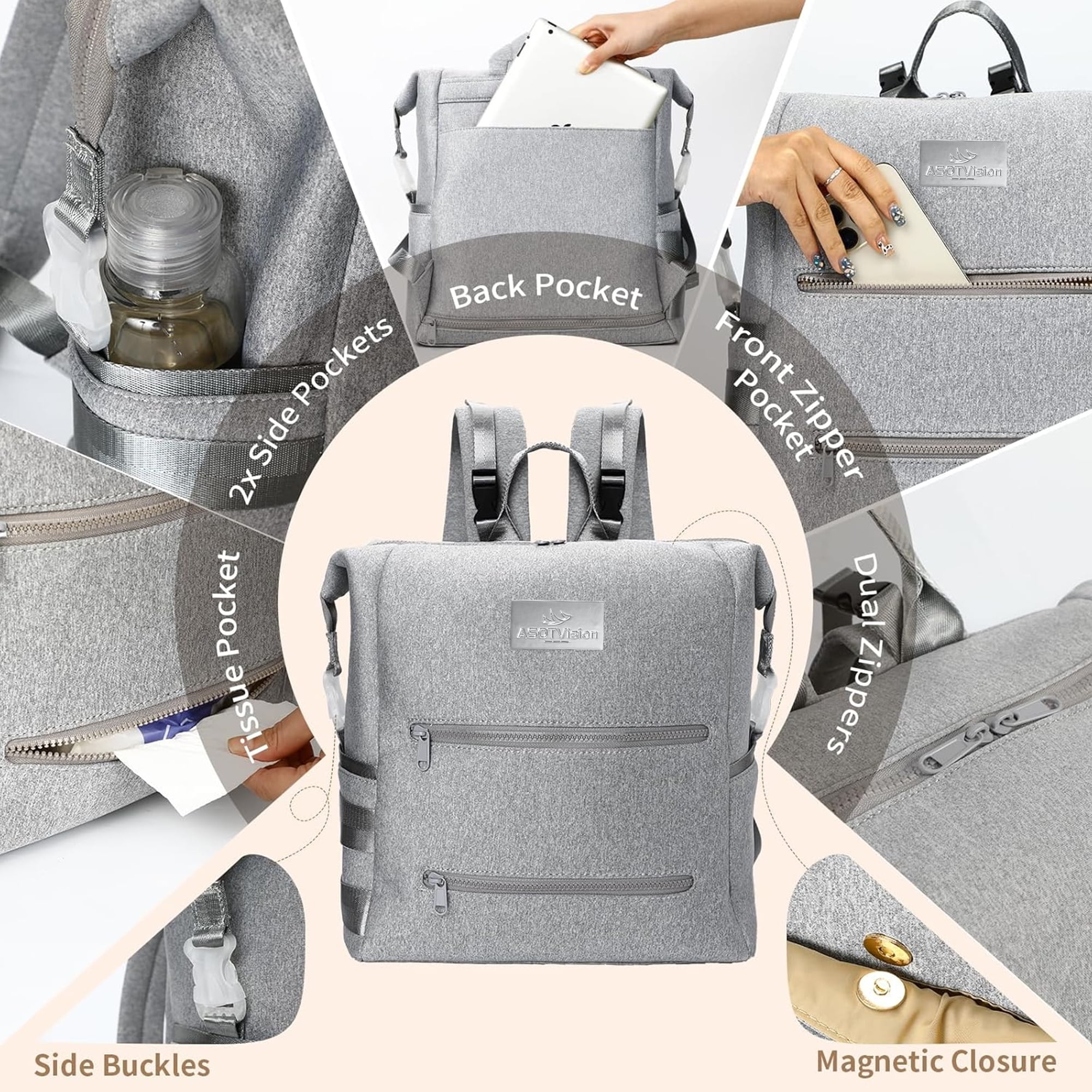 ASOTVision Neoprene Diaper Bag Backpack, Water-resistant, Travel Baby Bag With Changing Pad, Stroller Straps, Wet Bag and Pouch (Gray)