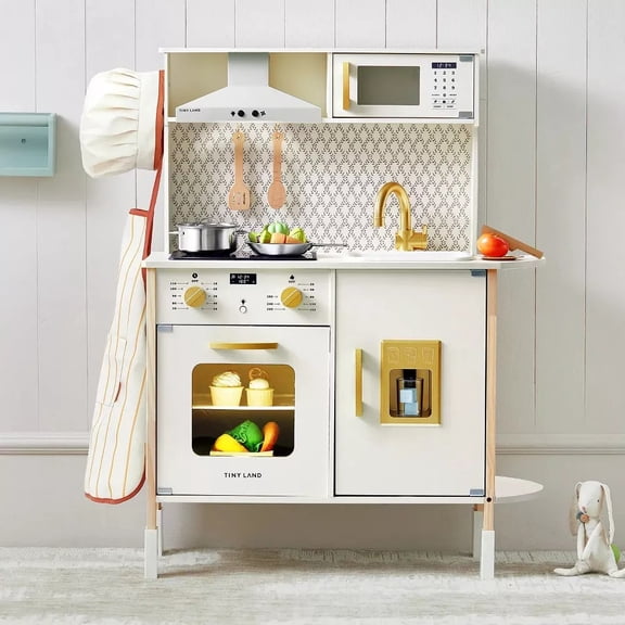 Tiny Land PopJoy Wooden Play Kitchen with Adjustable Height, Pretend Cooking Set with Sound, Light & Accessories, Wooden Toy Kitchen Set for Kids