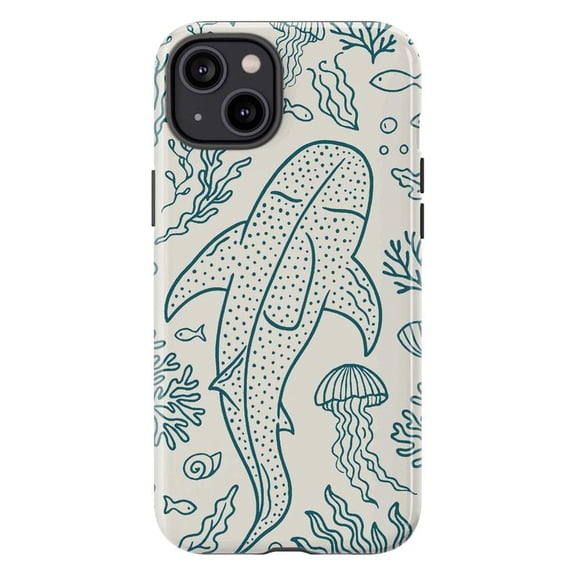 Whale Shark Sea Life Line Art Phone Case for iPhone 11/12/13/14/15/16 Mini Pro Max Plus – Dual Layer Protective Ocean Design Cover, Cream Background