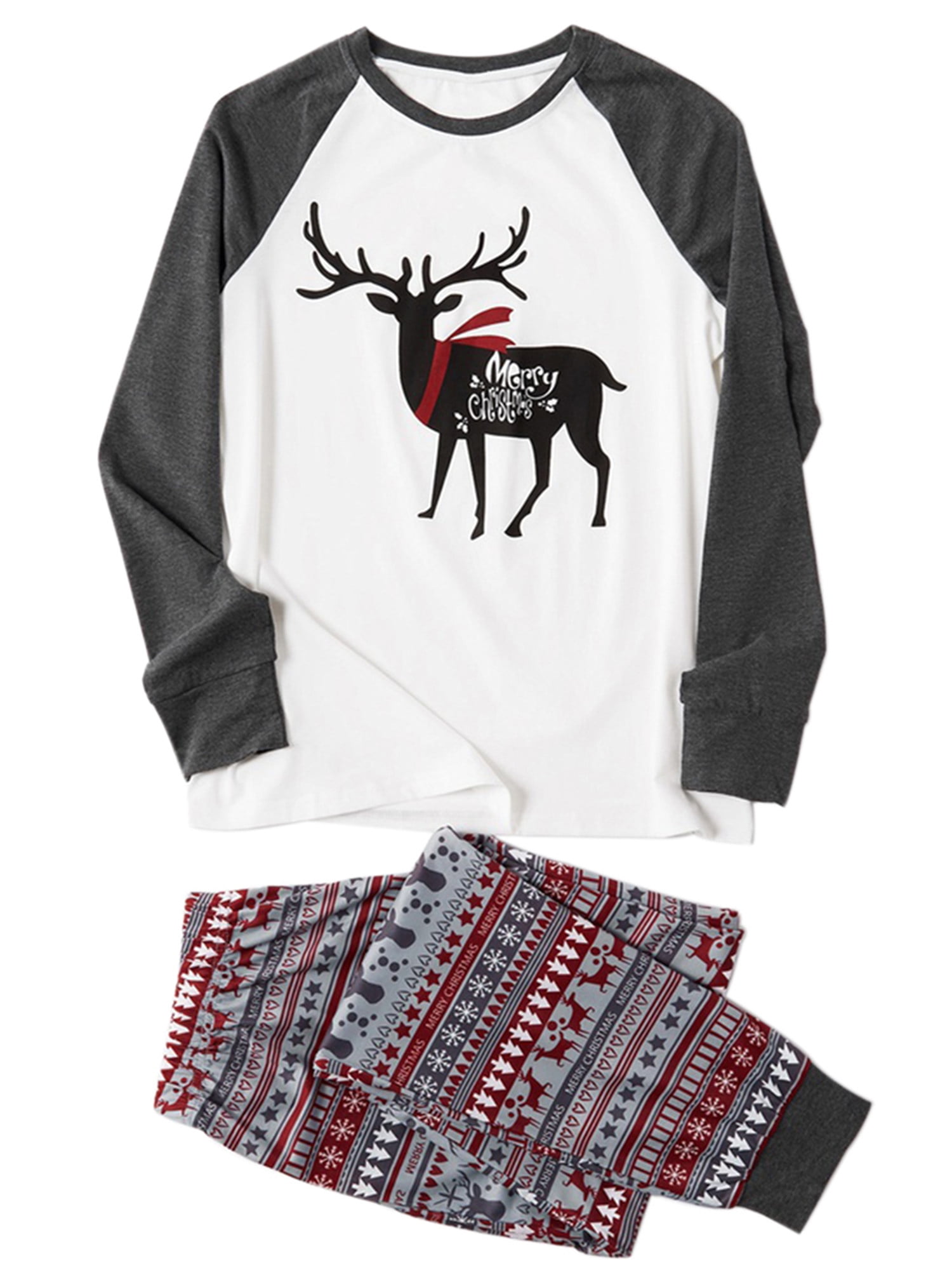 Family Christmas PJs Matching Sets Reindeer Sleepwear Pants Plaid Printed Long Sleeve Tee and Pants Pajamas