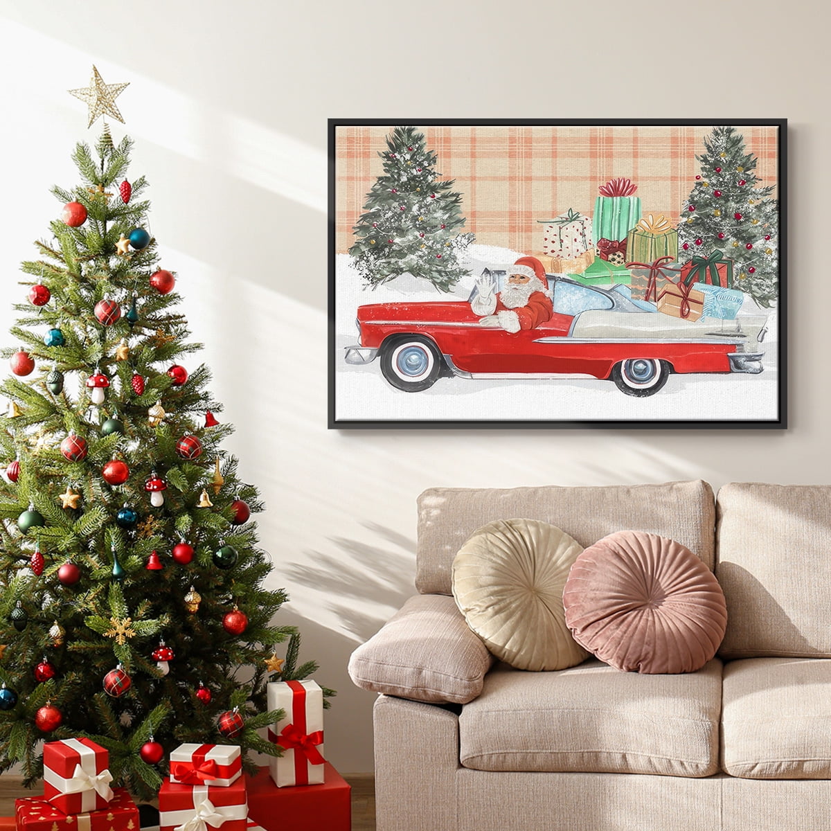 Santa on Wheels Collection A - Framed Gallery Wrapped Holiday Canvas - 17 x 25 - Black Frame