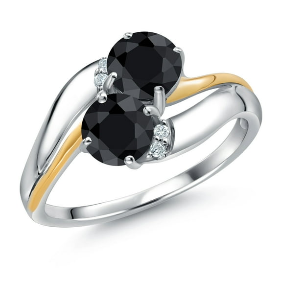 Gem Stone King 925 Sterling Silver and 10K Yellow Gold Black Sapphire 5MM Round 2 Stone and White Lab Grown Diamond Accent Ring for Women (1.41 Cttw, Gemstone September Birthstone, Size 8)