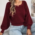 thumbnail image 6 of Women Plaid Knit Sweater Squares Neck Long Puff Sleeve Waist Cuffs Short Knitwear Pullover Tops for Casual Daily Wear Wine XL, 6 of 8