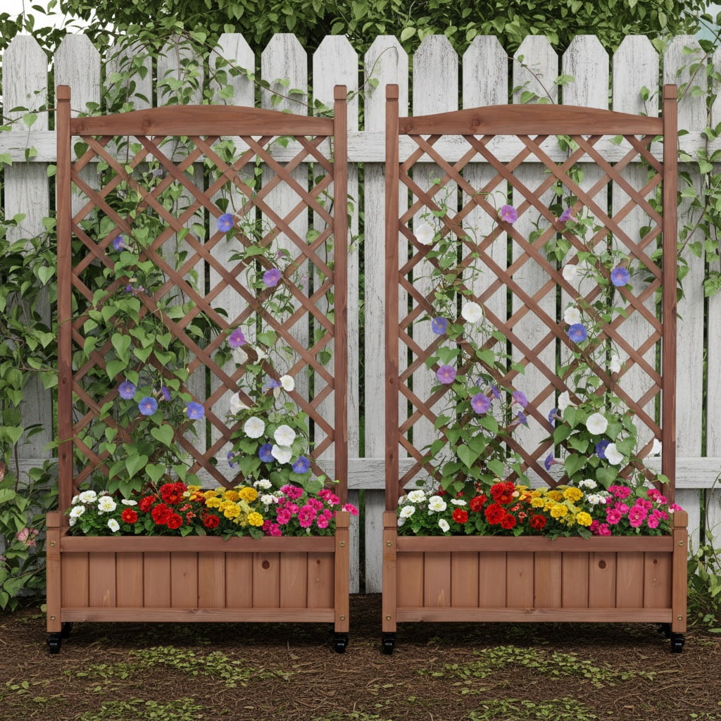 Raised Garden Bed with Trellis 2 Pack, Outdoor Wooden Planter Box & Plant Stand with Climbing Racks