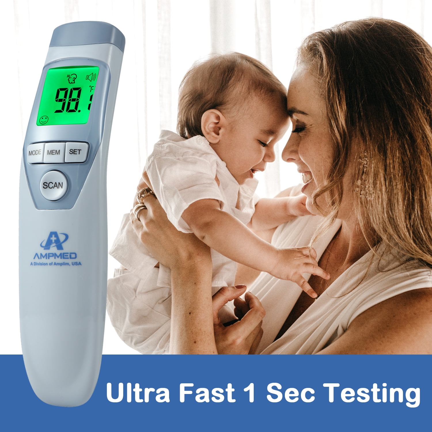 Amplim Non-Contact Forehead Thermometer, 2021 Touchless Digital IR Infrared Thermometer for Baby, Kids and Adults, FSA HSA Approved, Hospital Grade, Blue