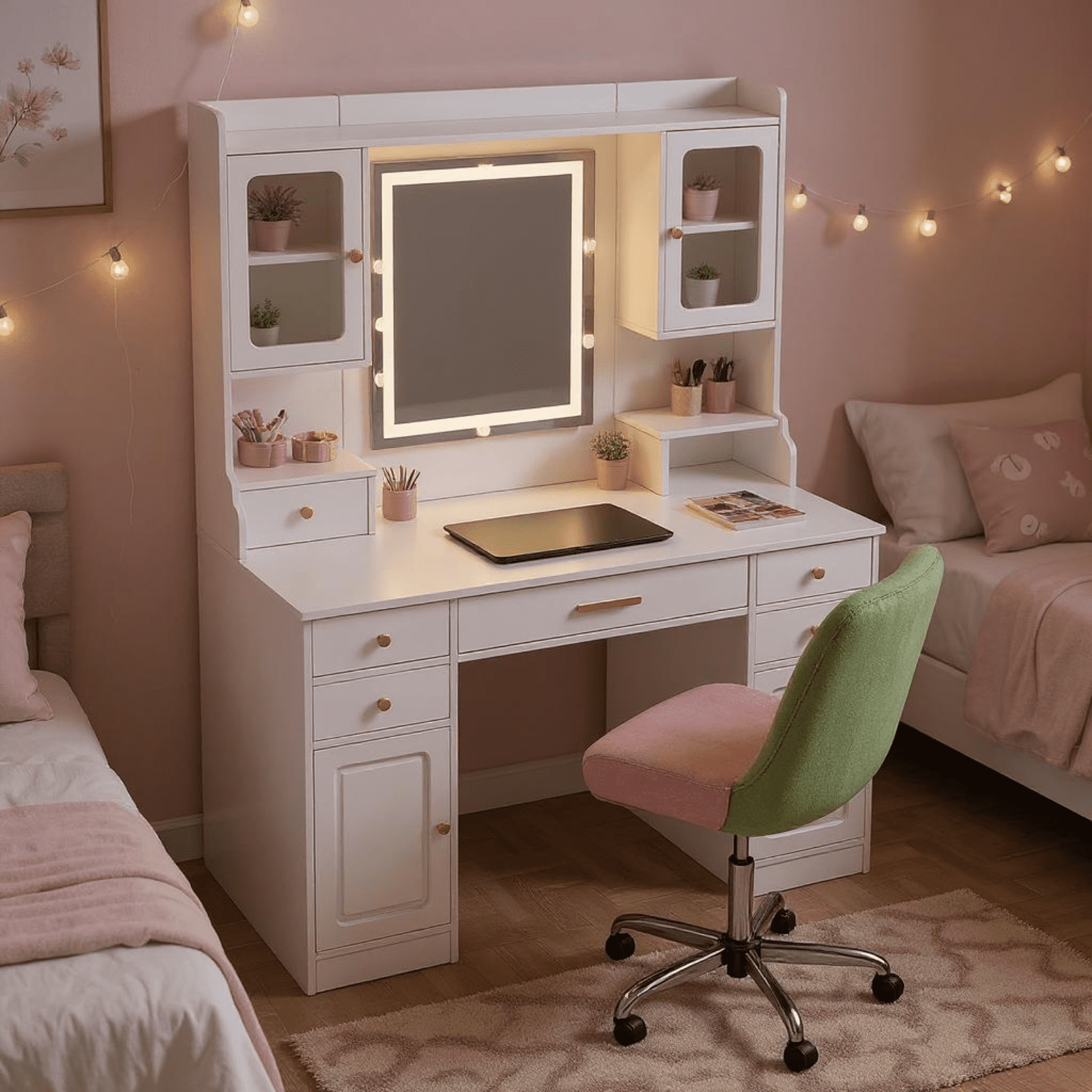 Homy Casa Vanity Desk with Mirror, Makeup Table with 6 Drawers & 2 Shelves, for Bedroom, White