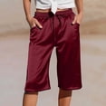 thumbnail image 2 of GEWSEY Women's Silk Satin Capri Pajamas Pants Loungewear Sleep Cropped Pants Elastic Waist Silky Lounge Pj Bottoms with Pocket (Wine, L), 2 of 5