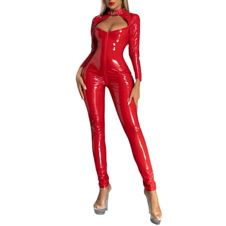 Sxiwei Women s One Piece Long Sleeves Catsuit Skinny Jumpsuit Hollow Out Keyhole Full Bodysuits Red M