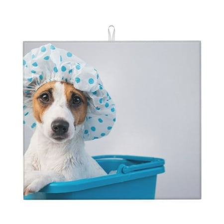 

Pofeuu Terrier Takes A Bath With Shower Cap Print Ultra Water Absorbent Microfiber Dish Drying Mat Drying Mat for Kitchen Kitchen Counter Accessories