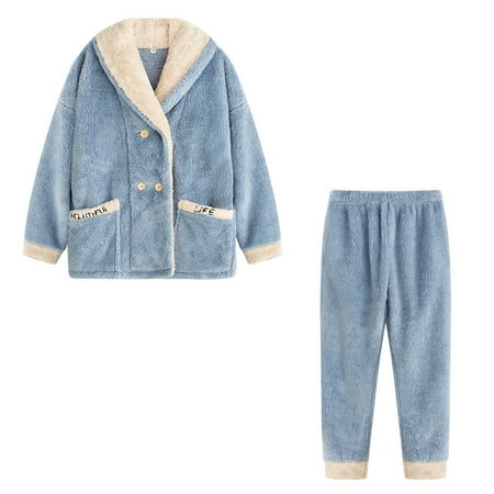

Yidarton warm pajamas for women Coral Fleece Home Clothing Women s Fall/winter Cardigan Plus Velvet Pajamas Flannel Home Clothing Warm Suit Can Be Blue M