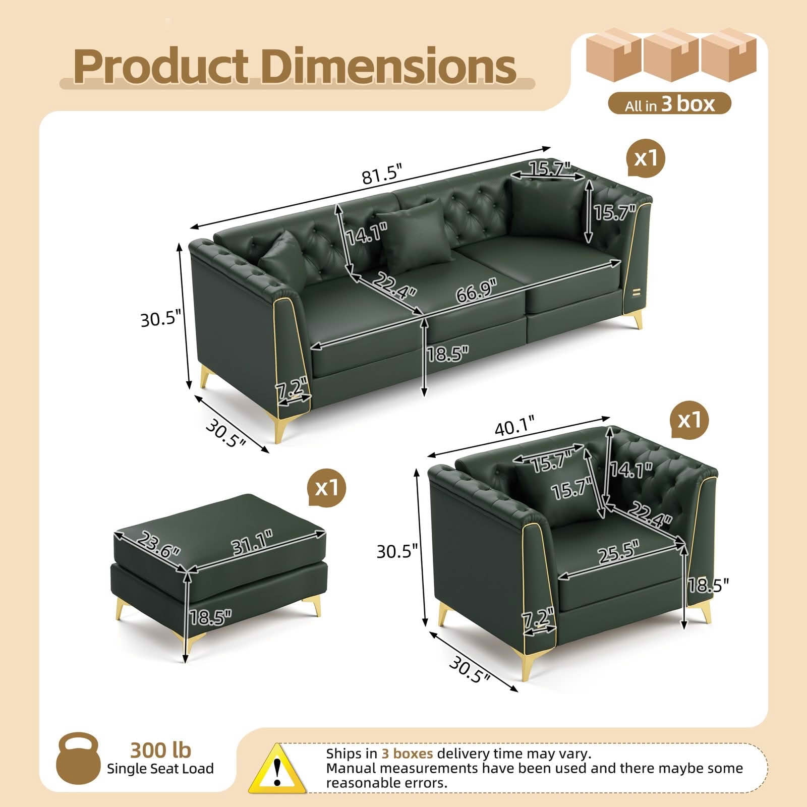 MAYEERTY Light Luxury Modular Chesterfield Sofa Combination, Faux‑Leather Sectional with Button Tufting, Metal‑Trim Armrest & Slim Metal Legs, 4 Pillows Included