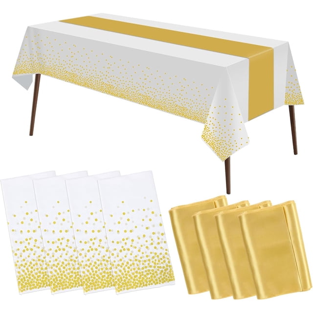 Mantel Desechable Blanco con Puntos Dorados para Fiestas, 4 Piezas, Rectangular 137x274cm, para Bodas Bautizos Baby Shower Cumpleaños, Impermeable Reutilizable