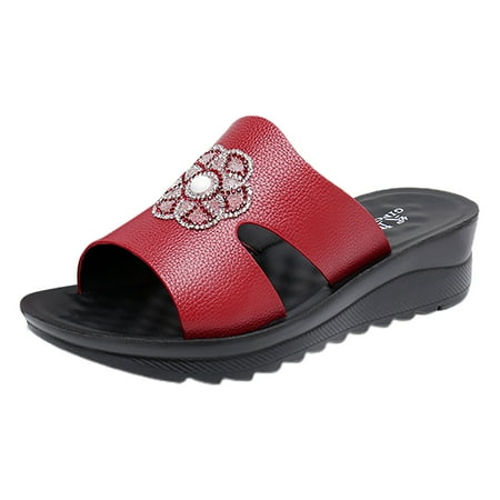 

PEASKJP Sandals for Women Dressy Summer Women’s Flat Sandals Open Toe Elastic Ankle Strap Slip on Comfy Low Wedge Sandals (Red 6.5)