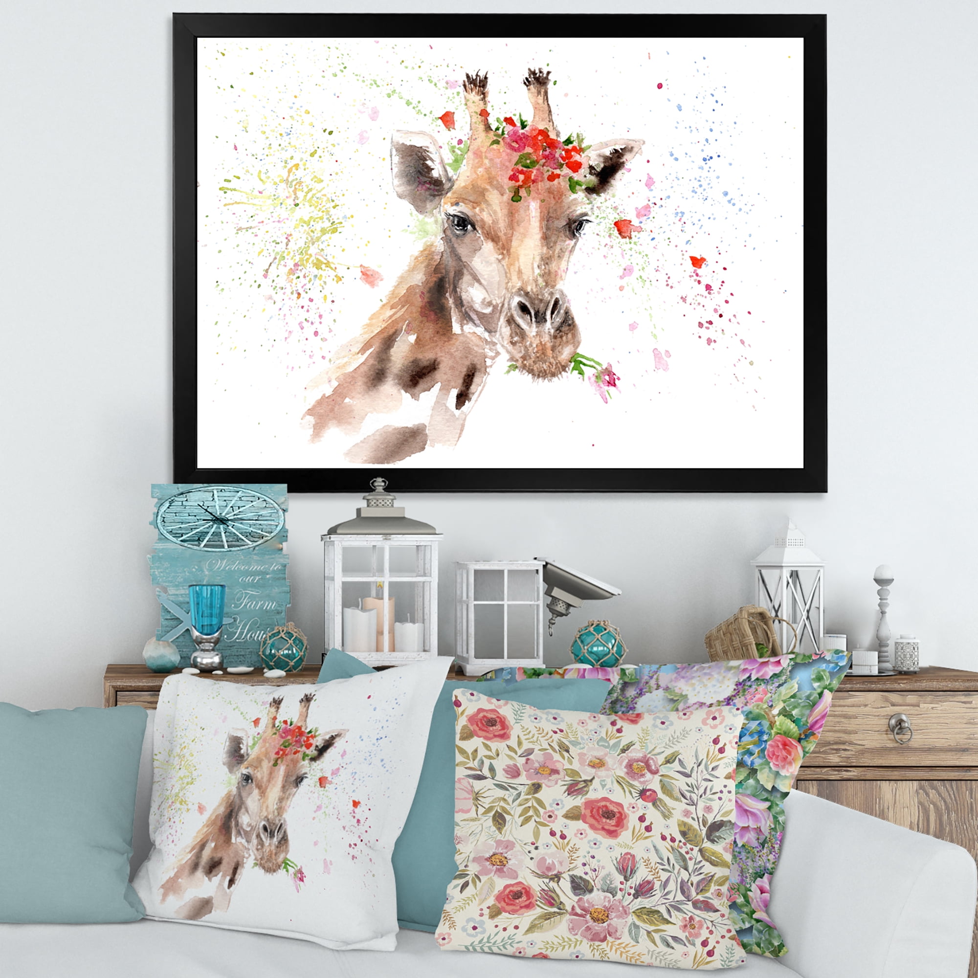 Designart 'Portrait of A Giraffe With Red Flowers II' Farmhouse Framed Art Print