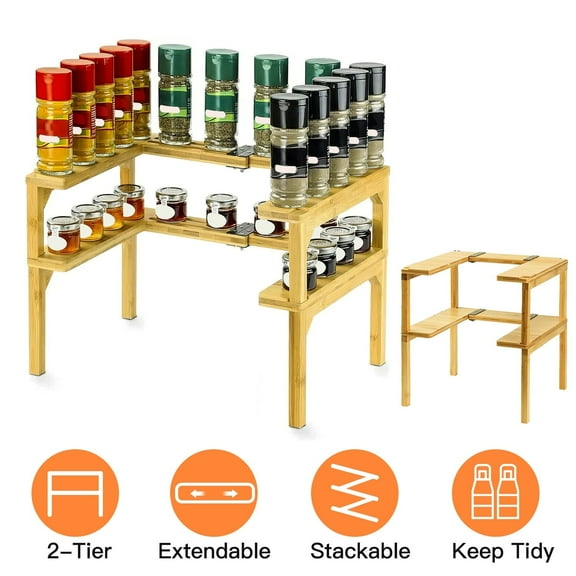 iMounTEK 2-Tier Bamboo Spice Rack Organizer Width Adjustable Seasoning Organizer for Countertops Pantries Cabinets