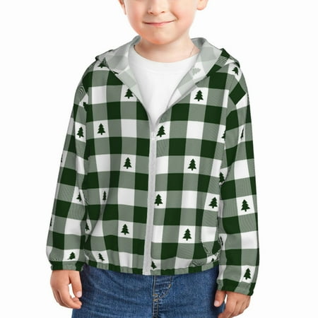 

Lukts Green White Christmas Tree Lumberjack Plaid Print Children s Long-Sleeved Sun Protection Clothing Hooded Sweatshirts for Boys and Girls Outdoor Sports-18 Months