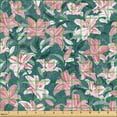 thumbnail image 2 of Ambesonne Nature Fabric by the Yard Upholstery, Blooming Spring Lily Flowers, 3 Yards, Dark Teal and Pink, 2 of 5