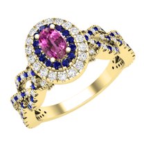 Dazzlingrock Collection 6X4mm Oval Pink Sapphire with Round Blue Sapphire & White Diamond Interweaving Double Halo Wedding Ring for Women in 10K Yellow Gold, Size 8.5