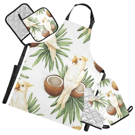 5 Pcs Kitchen Set Heat Resistant Oven Mitts and Non-Slip Pot Holders with Adjustable Cooking Apron Cockatoos and Coconuts