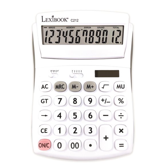 Lexibook - 12 Digit Desktop Calculator with Folding Display - Basic and Memory Function - Large Keys and Screen for Office, School, Home - Solar & Batteries - White / Gray - C212