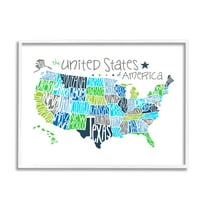 Stupell Industries United States Map Colored Typography Graphic Art White Framed Art Print Wall Art, 11x14, by Erica Billups