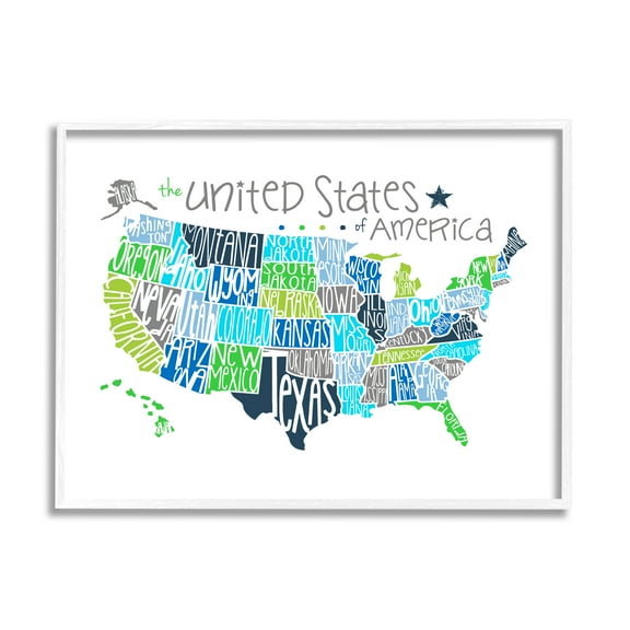 Stupell Industries United States Map Colored Typography Graphic Art White Framed Art Print Wall Art, 11x14, by Erica Billups