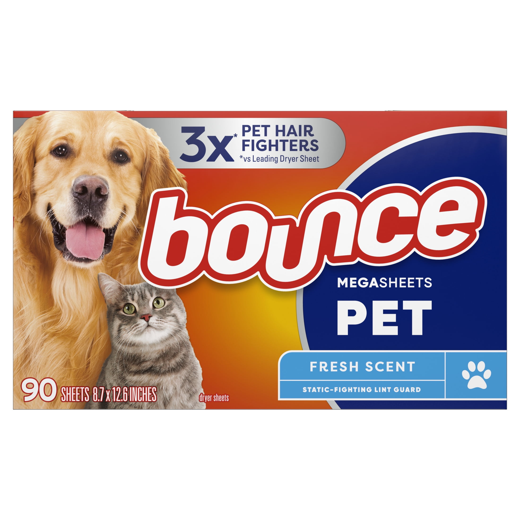 (4 pack) Bounce Mega Dryer Sheets, Pet Hair and Lint Guard , Fresh Scent, 90 Count