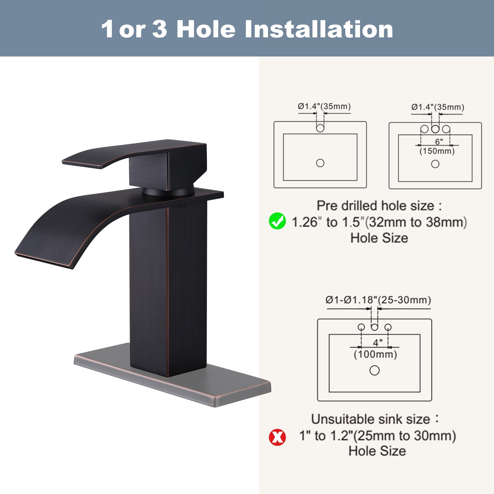 Wowow Waterfall Bathroom Faucet Oil Rubbed Bronze Faucet for Bathroom Sink Single Handle Mixer Tap Lavatory Vanity Faucet with Deck Plate and Pop Up Drain, 1 or 3 Hole